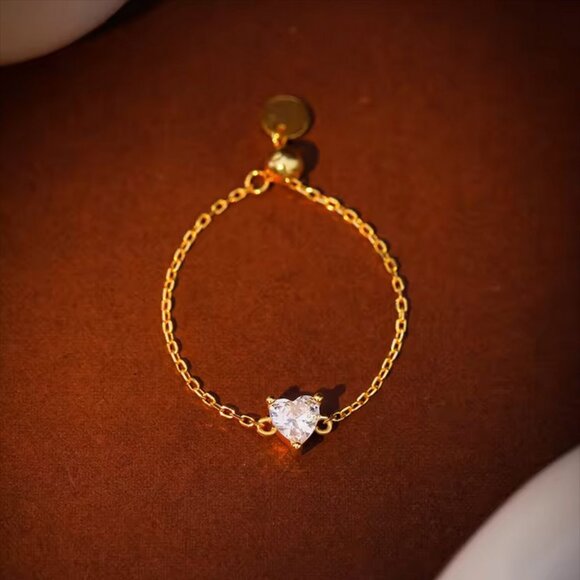 Zircon Heart Link Chain Adjustable Ring. 925 Sterling Silver. #1091 - Picture 3 of 5